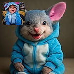 A cheerful baby dressed in a fluffy blue costume with pink ears is sitting outdoors on a trampoline, smiling widely with bright eyes under the evening sky and bare trees.