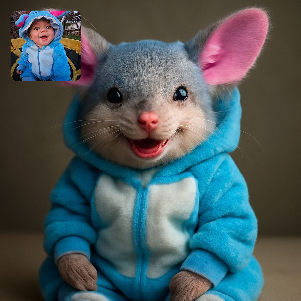 A cheerful baby dressed in a fluffy blue costume with pink ears is sitting outdoors on a trampoline, smiling widely with bright eyes under the evening sky and bare trees.