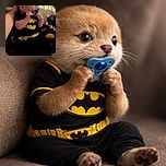 A cute baby dressed in a Batman outfit is sitting comfortably while chewing on a blue pacifier, with a gentle hand supporting the back of their head. The background is a cozy indoor setting with a fan and some household items visible.