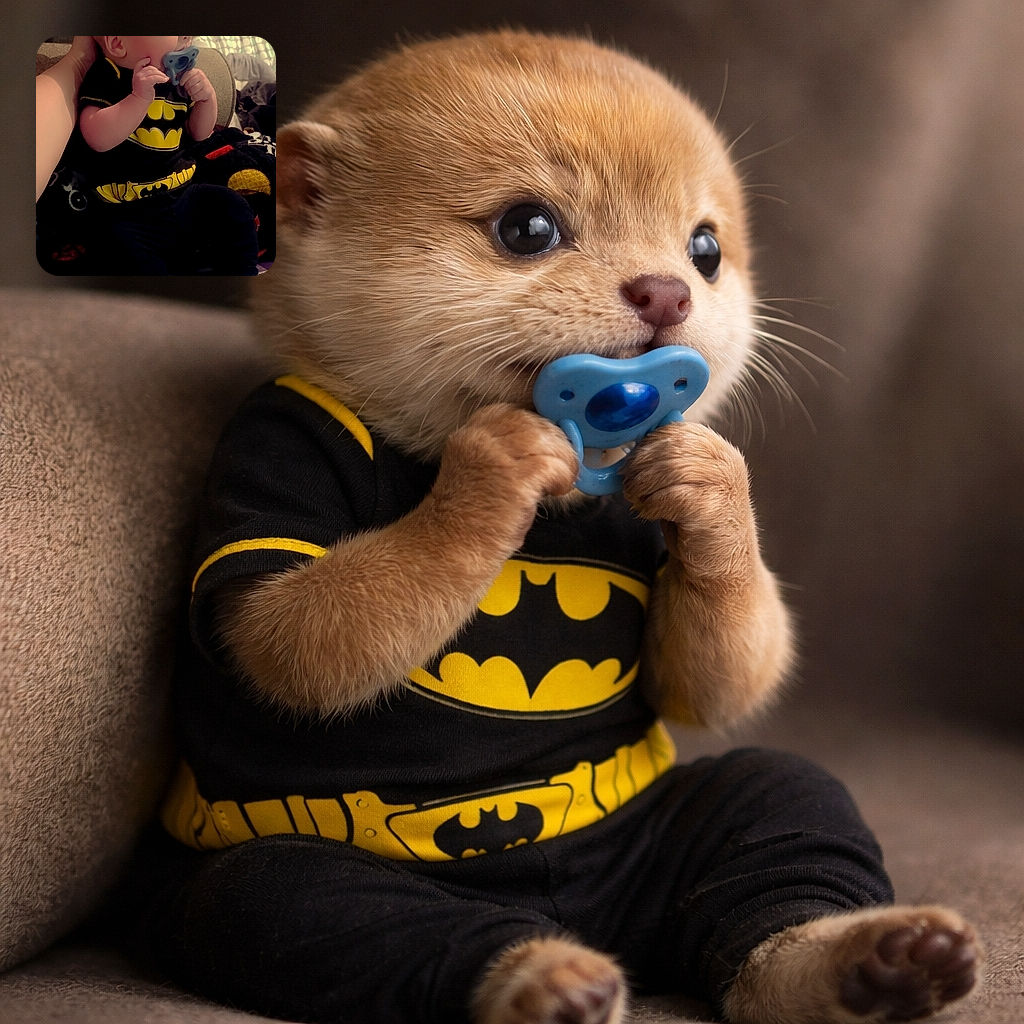 A cute baby dressed in a Batman outfit is sitting comfortably while chewing on a blue pacifier, with a gentle hand supporting the back of their head. The background is a cozy indoor setting with a fan and some household items visible.