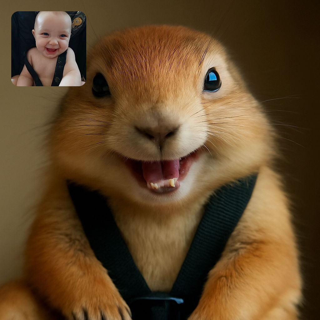 A joyful baby with a big smile, strapped safely in a car seat with a cute lion pattern in the background, spreading pure happiness and innocence.