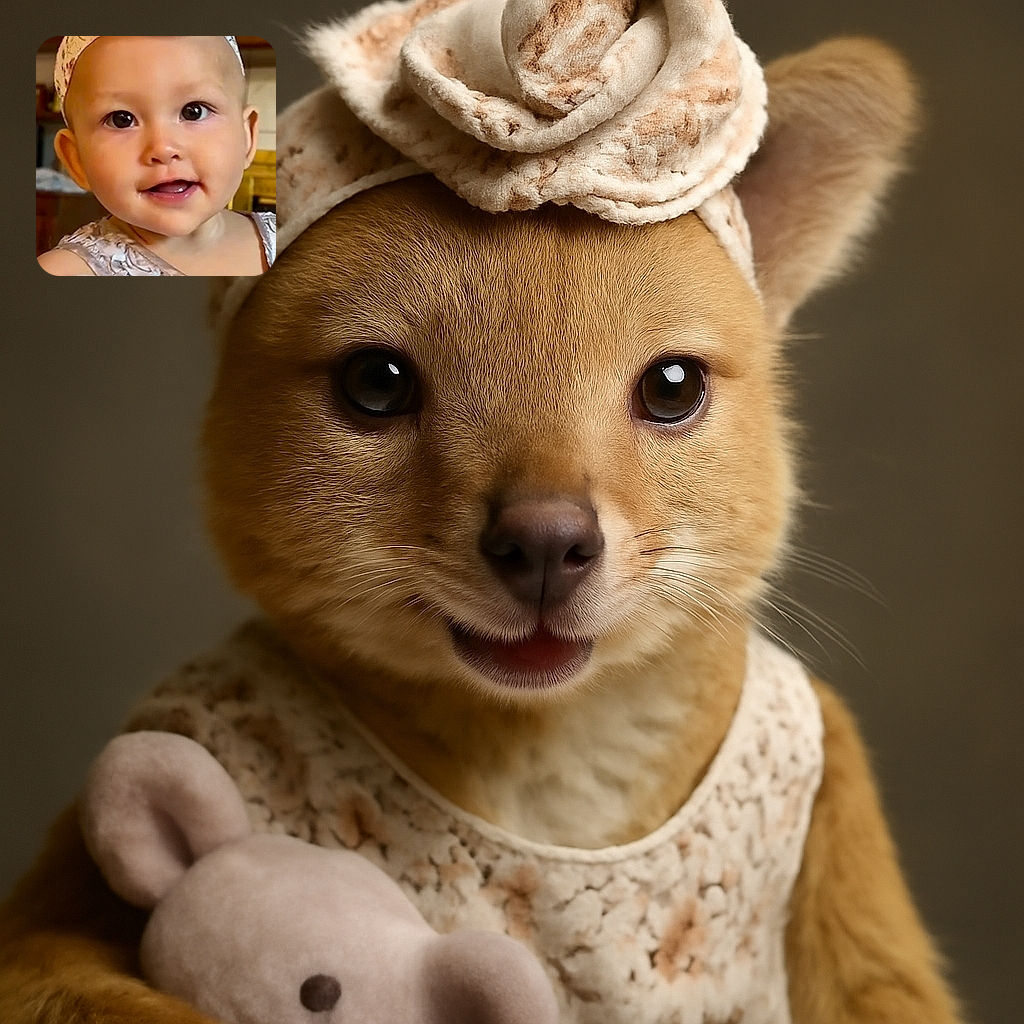 A charming baby girl with sparkling eyes and a floral headband shaped like a giant rose smiles sweetly while clutching a soft toy, set against a cozy indoor background with warm lighting.