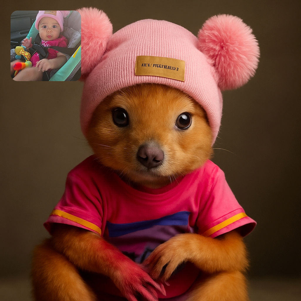 A wide-eyed baby wearing a cute pink hat with fluffy pom-poms sits securely in a car seat, surrounded by colorful toys, looking curiously at the camera with puckered lips as if about to blow a kiss.
