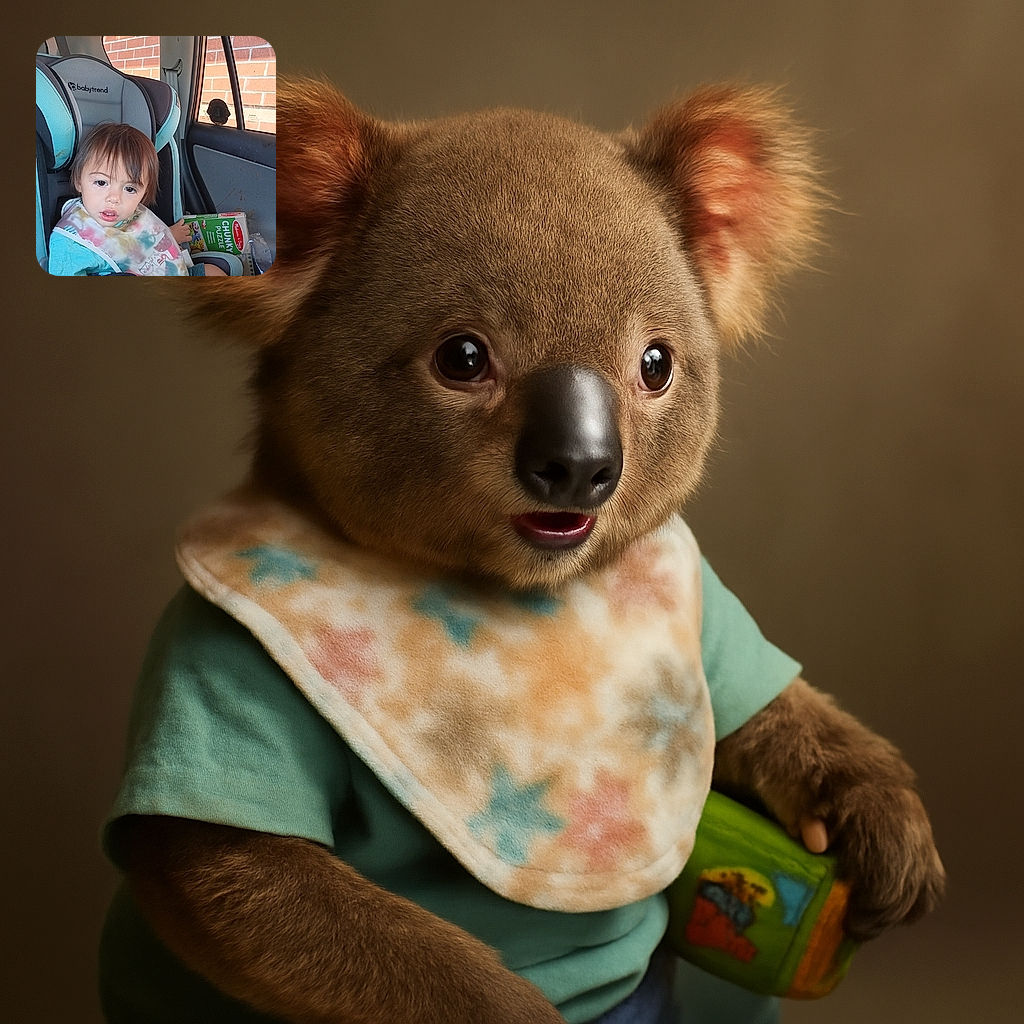 A toddler with a colorful bib sits in a baby car seat inside a vehicle, holding a chunky puzzle box. The child looks curiously at the camera, surrounded by the cozy interior of the car with a brick wall visible through the window.