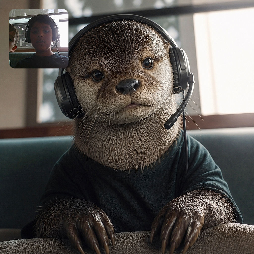 Two kids lean into the camera like a tiny podcast duo, with one wearing an oversized gaming headset and the other looking ready to deliver the world’s most serious sofa-side announcement. Bright windows behind them create a dramatic backlit glow.