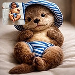 A chubby baby wearing a blue and white striped sunhat and matching diaper cover lies comfortably on a quilted white surface with a patterned blue border, looking content and relaxed with toes playfully curled.