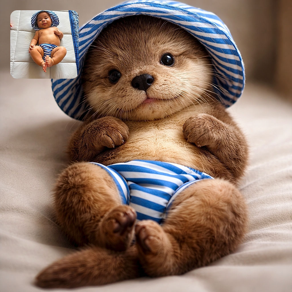 A chubby baby wearing a blue and white striped sunhat and matching diaper cover lies comfortably on a quilted white surface with a patterned blue border, looking content and relaxed with toes playfully curled.