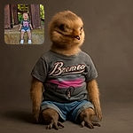 A cheerful toddler sits on a concrete ledge under a rusty bridge, sporting a vintage Ford Bronco t-shirt, denim shorts, and white slip-on shoes, with greenery peeking through the background and a curious smile lighting up the scene.