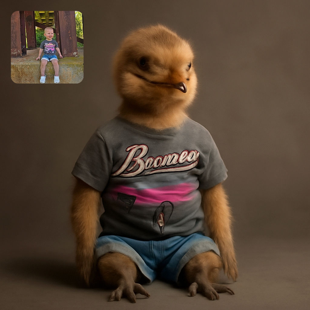 A cheerful toddler sits on a concrete ledge under a rusty bridge, sporting a vintage Ford Bronco t-shirt, denim shorts, and white slip-on shoes, with greenery peeking through the background and a curious smile lighting up the scene.