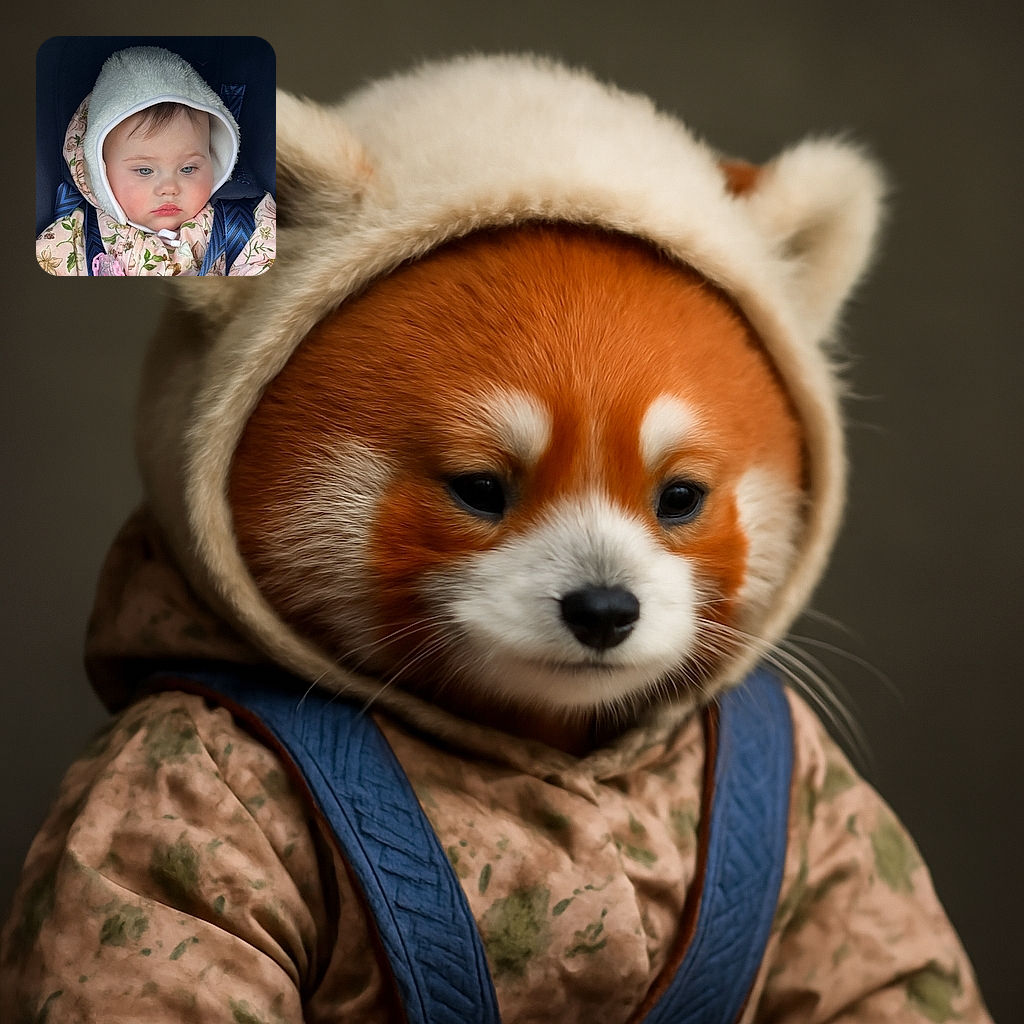 A solemn baby bundled up in a cozy floral jacket with a fluffy hood, secured snugly in a car seat with blue straps, looking thoughtfully down with a pacifier clipped to their outfit.