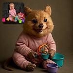 A cheerful baby in a soft pink onesie is sitting on a dark textured couch surrounded by colorful toys, flashing a big toothy grin that could brighten anyone's day.