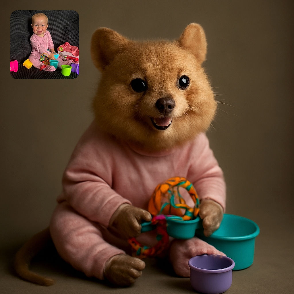A cheerful baby in a soft pink onesie is sitting on a dark textured couch surrounded by colorful toys, flashing a big toothy grin that could brighten anyone's day.