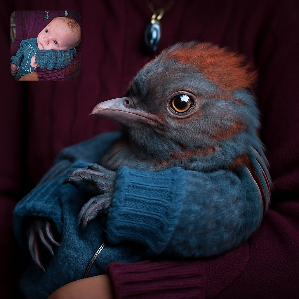A serene baby cradled in cozy arms, wearing a textured blue outfit, gazing thoughtfully with big, shiny eyes while wrapped in a warm purple sweater backdrop.