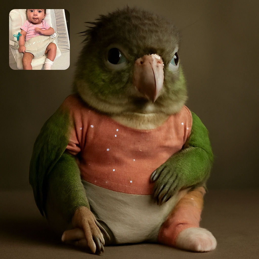 A wide-eyed baby in a pink onesie sits comfortably in a mesh baby seat, looking curiously at the camera with a hand mid-motion. A teal pacifier is clipped to the seat, and the baby is wearing cozy striped socks, radiating adorable vibes.