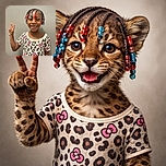 A cheerful young child with colorful beads in her braided hair flashes a playful peace sign while sporting a cute leopard-print shirt with pink bows, standing against a plain gray wall.