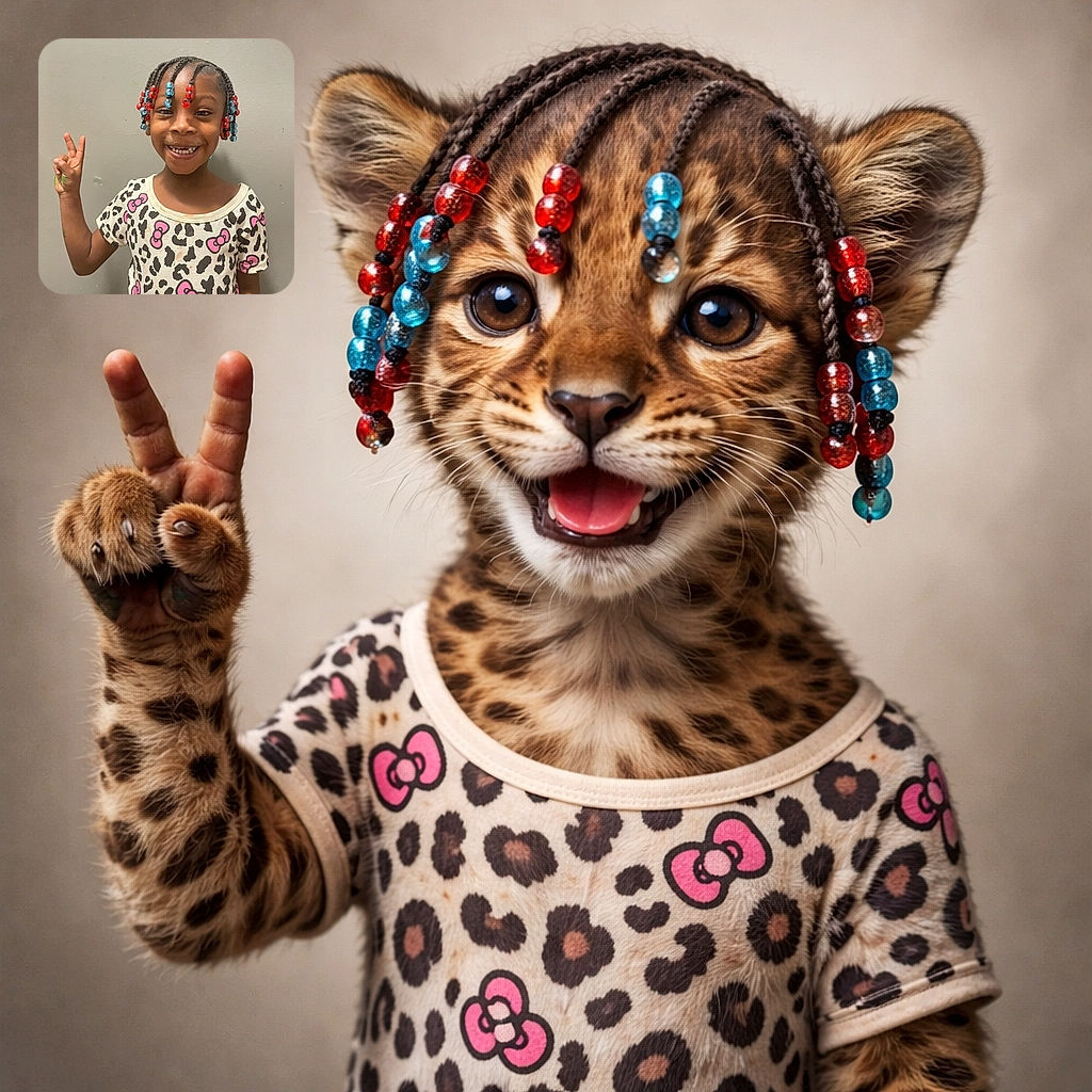 A cheerful young child with colorful beads in her braided hair flashes a playful peace sign while sporting a cute leopard-print shirt with pink bows, standing against a plain gray wall.