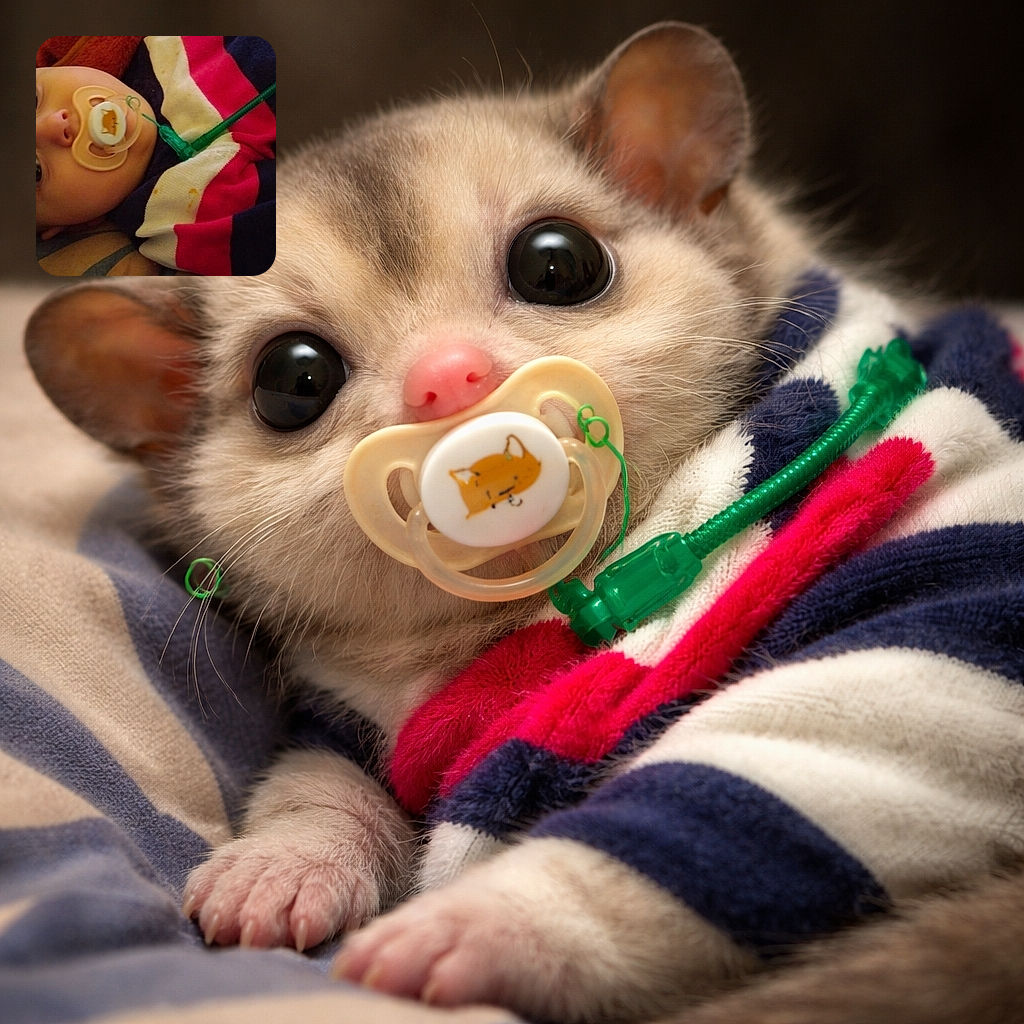 A wide-eyed baby lying down with a pacifier in their mouth, wrapped in a cozy, colorful striped blanket, staring curiously at the camera with a calm expression.