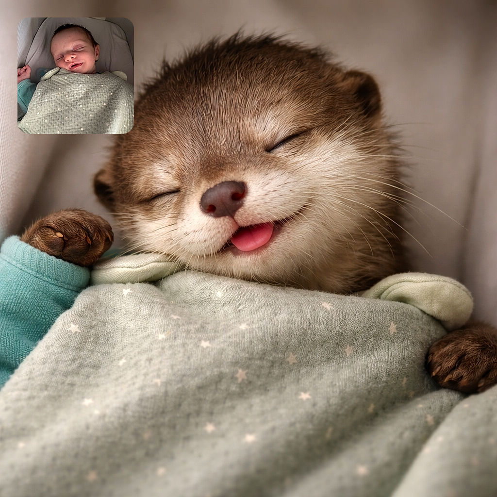 A peaceful sleeping baby wrapped snugly in a star-patterned blanket, with a tiny smile suggesting sweet dreams, nestled comfortably in a soft crib.