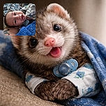 A smiling baby with wide eyes is lying comfortably on a blue towel, wearing a patterned onesie and holding a blue pacifier, with a cozy blanket and a tattooed arm visible in the background.