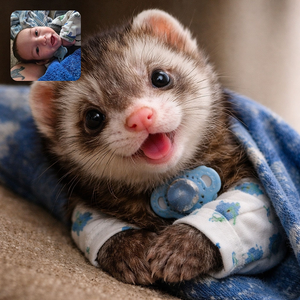 A smiling baby with wide eyes is lying comfortably on a blue towel, wearing a patterned onesie and holding a blue pacifier, with a cozy blanket and a tattooed arm visible in the background.