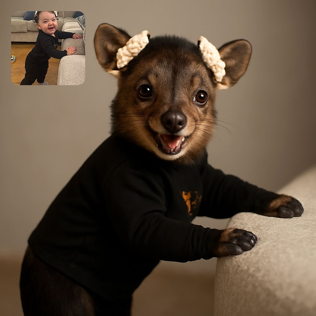 A joyful baby girl with cute bows in her hair is standing and holding onto a beige couch, grinning widely as if she just discovered the secret to eternal happiness. The cozy living room background with soft couches and wooden flooring adds warmth to the candid moment.
