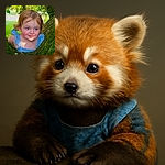 A bright-eyed toddler with rosy cheeks peeks out from between moss-covered tree trunks, wearing a delicate blue dress and flashing a charming smile that could melt the forest itself.
