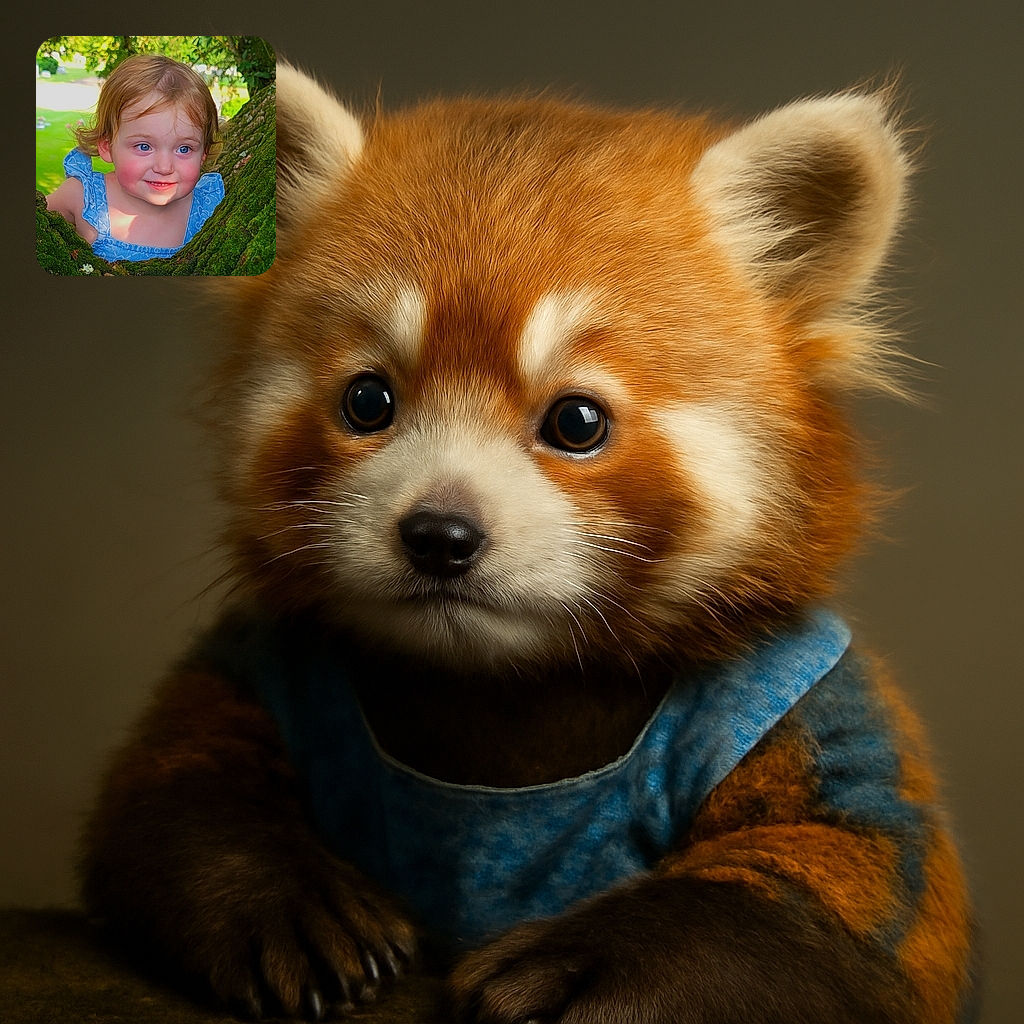 A bright-eyed toddler with rosy cheeks peeks out from between moss-covered tree trunks, wearing a delicate blue dress and flashing a charming smile that could melt the forest itself.
