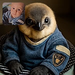 A wide-eyed baby in a cozy blue outfit stares curiously at the camera while sitting comfortably in a patterned baby seat, radiating adorable innocence.