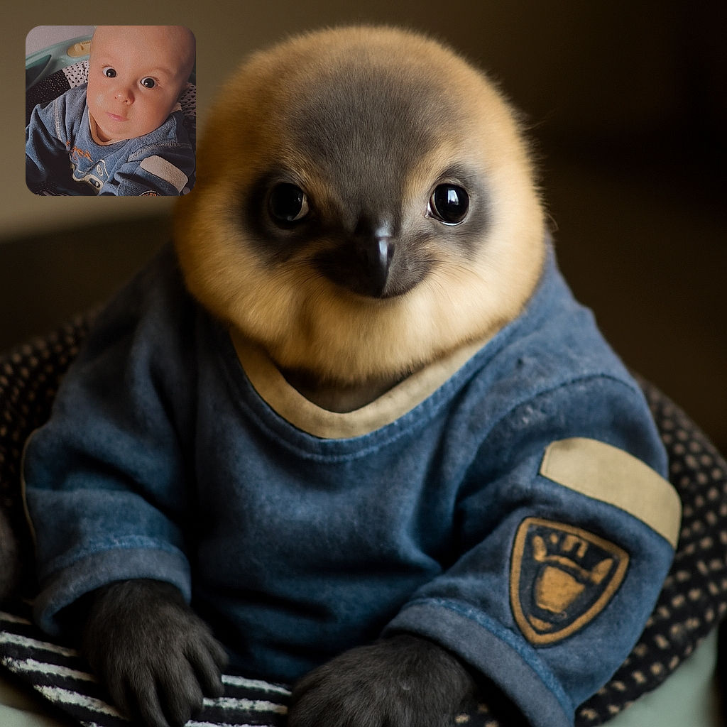 A wide-eyed baby in a cozy blue outfit stares curiously at the camera while sitting comfortably in a patterned baby seat, radiating adorable innocence.