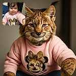 A chubby-cheeked toddler with pigtails wearing a cozy pink sweater featuring a sparkly Minnie Mouse design reaches out with a curious expression, sitting comfortably on a bed with a dark background.