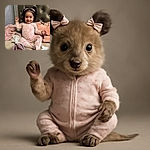 A cheerful toddler in a pink floral onesie is sitting on a bed surrounded by cozy blankets and pillows, flashing a cute smile and raising one arm as if dancing to an invisible tune.