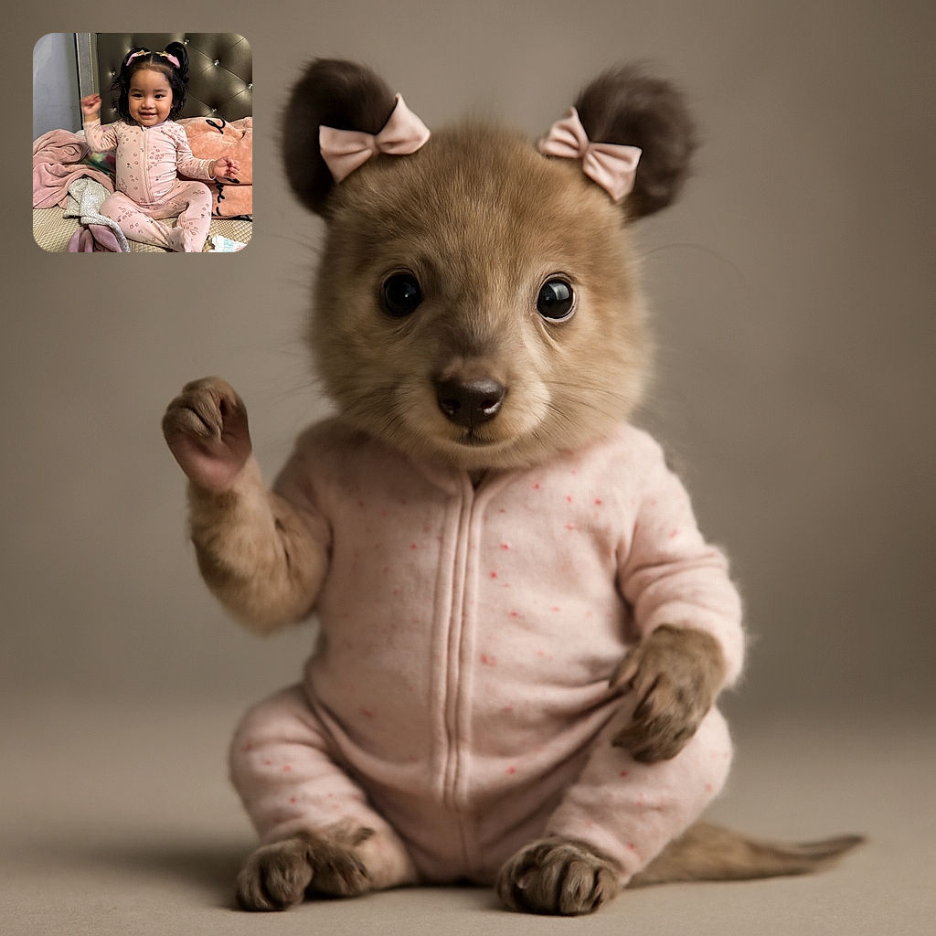 A cheerful toddler in a pink floral onesie is sitting on a bed surrounded by cozy blankets and pillows, flashing a cute smile and raising one arm as if dancing to an invisible tune.