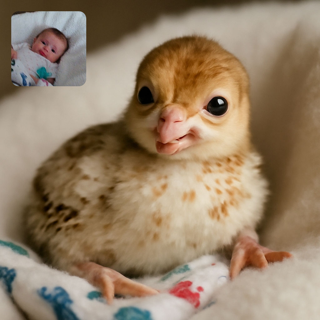 A slightly blurry photo of a baby lying on a soft white blanket, wrapped in a colorful patterned cloth, looking curiously at the camera with wide eyes and a gentle expression.