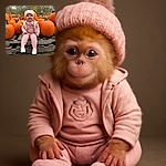 A cheerful baby dressed in cozy pink clothes and a knitted hat sits surrounded by bright orange pumpkins on wooden pallets, looking curiously upwards with a slight smile, capturing the essence of autumn and pumpkin patch fun.