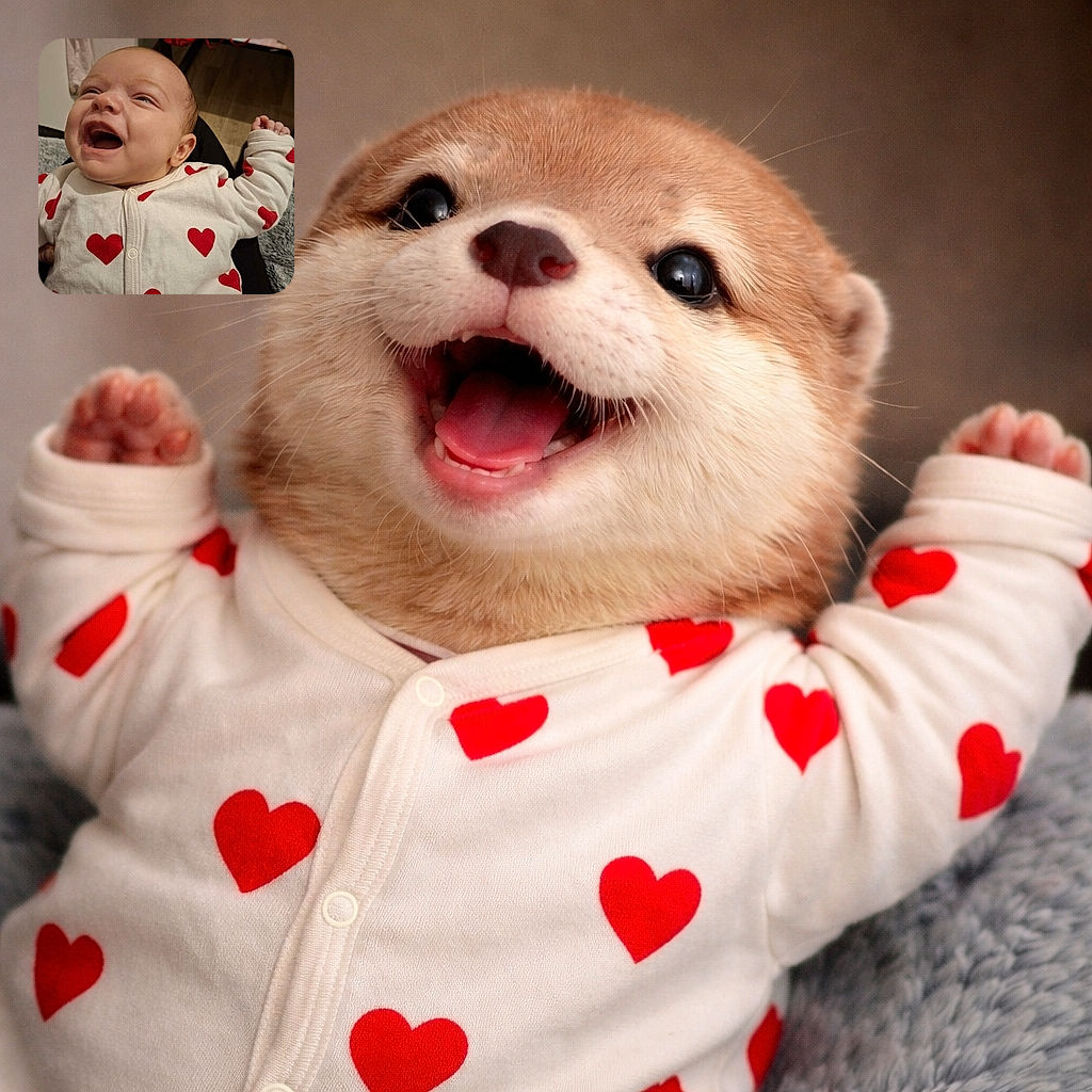 A joyful baby in a white onesie adorned with red hearts is laughing heartily, eyes sparkling with delight, while comfortably resting on someone's lap in a cozy indoor setting.