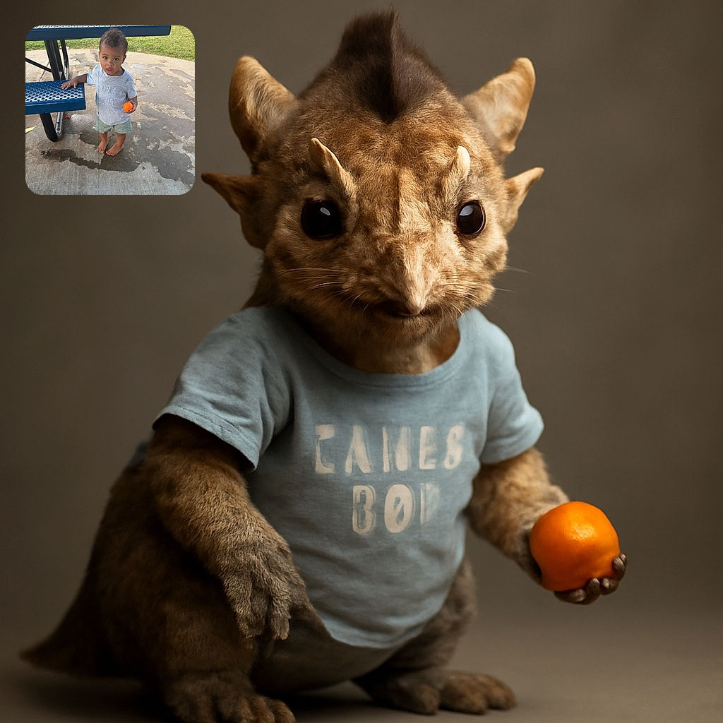 A curious toddler stands barefoot on a wet concrete surface near a blue metal picnic table, holding a bright orange ball while gazing up with wide eyes and a slightly open mouth, as if caught mid-thought or mid-sentence.