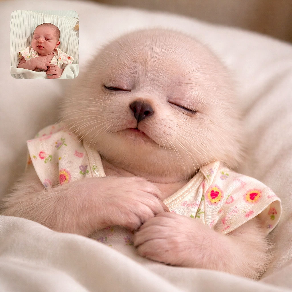 A blissfully snoozing newborn tucked into striped sheets and a floral onesie, tiny hands curled over a soft white blanket — looks like someone hit the 'do not disturb' button on life.