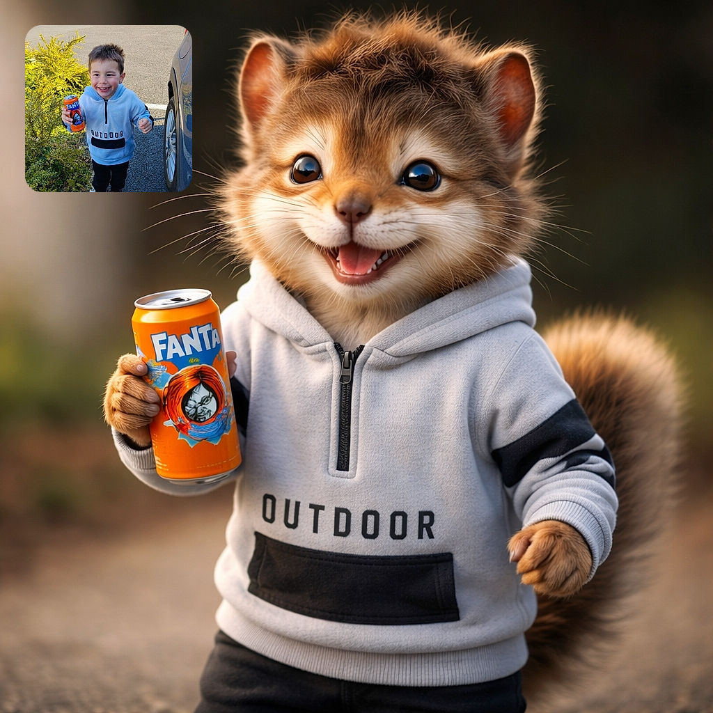 A beaming little kid proudly brandishing a bright orange Fanta can like it's a trophy, standing between a shrub and a parked car — pure sugar-fueled joy and mischief in one snapshot.