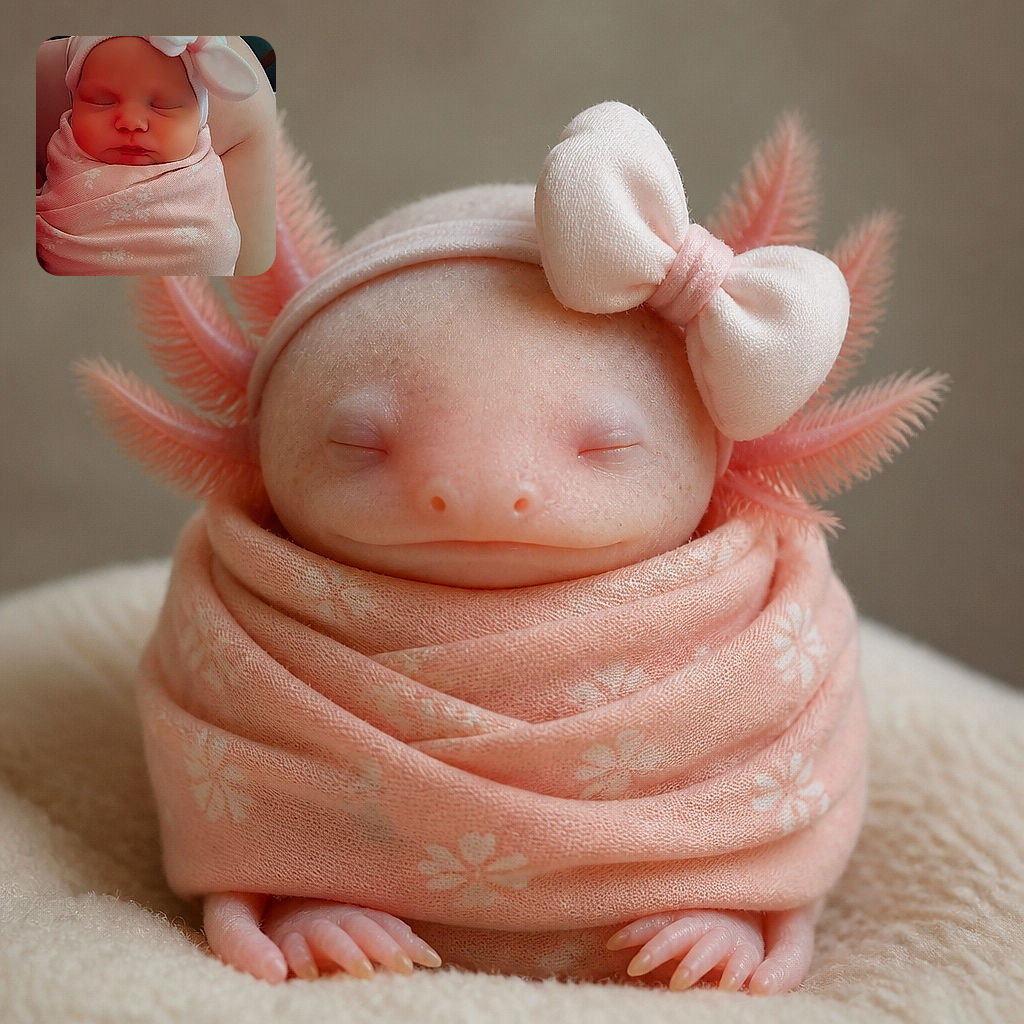 A peacefully sleeping newborn is bundled up like the world's tiniest burrito, complete with an oversized bow that makes the baby look ready for a very fancy nap.