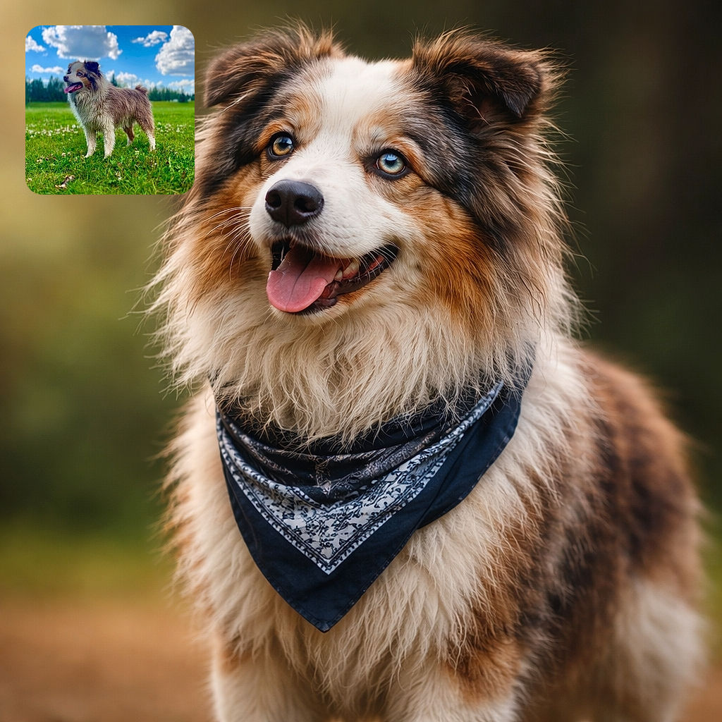 A fluffy, content dog stands proudly in a clover-speckled field like it owns the park — tongue lolling, eyes alert, and fur catching the sunlight while puffy clouds drift overhead and the treeline melts into a soft bokeh backdrop.