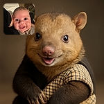 A close-up photo of a happy baby with wide eyes and a smile, snuggled against a person wearing black clothing. The baby is dressed in a striped outfit, and the background shows a cozy indoor setting with furniture and soft lighting.