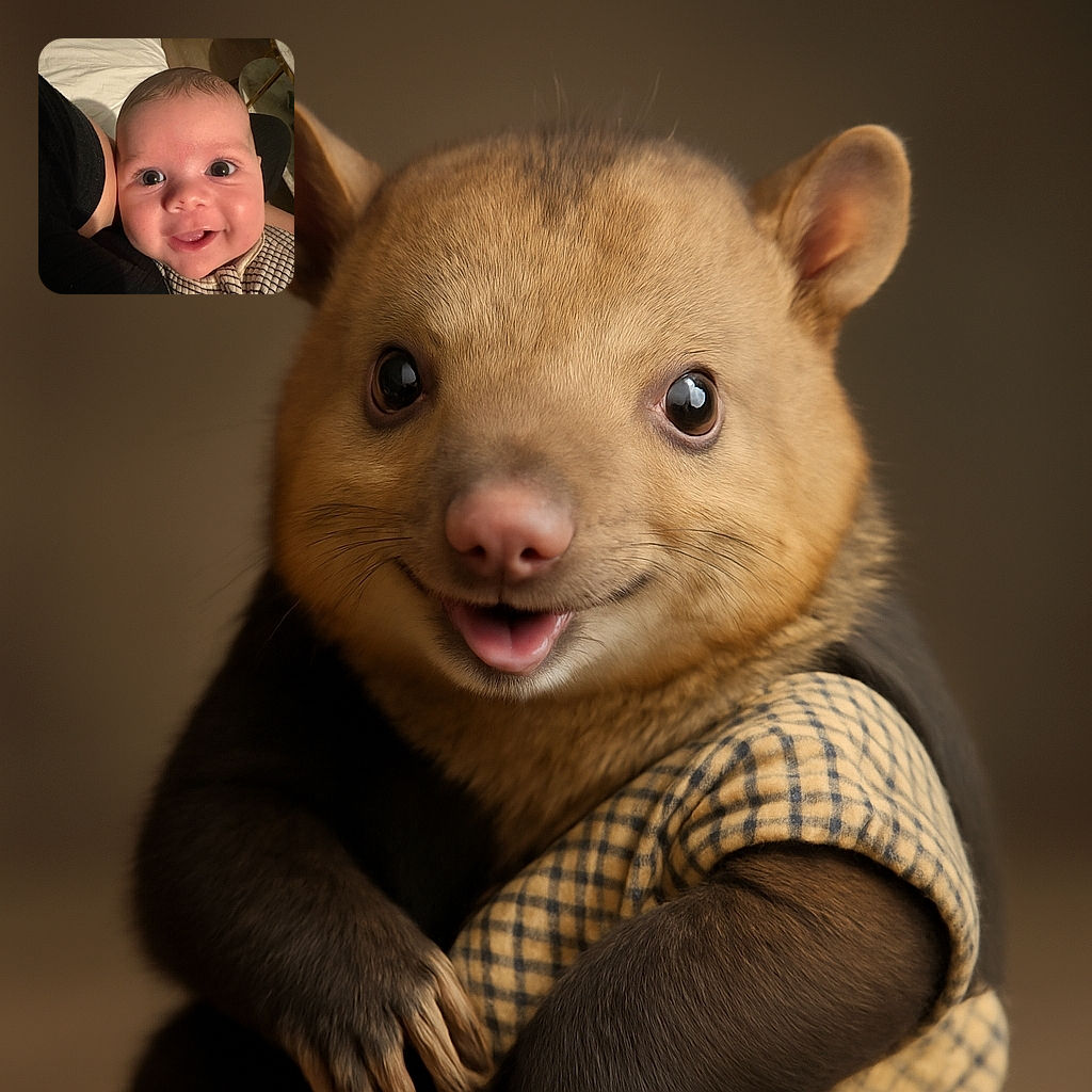 A close-up photo of a happy baby with wide eyes and a smile, snuggled against a person wearing black clothing. The baby is dressed in a striped outfit, and the background shows a cozy indoor setting with furniture and soft lighting.