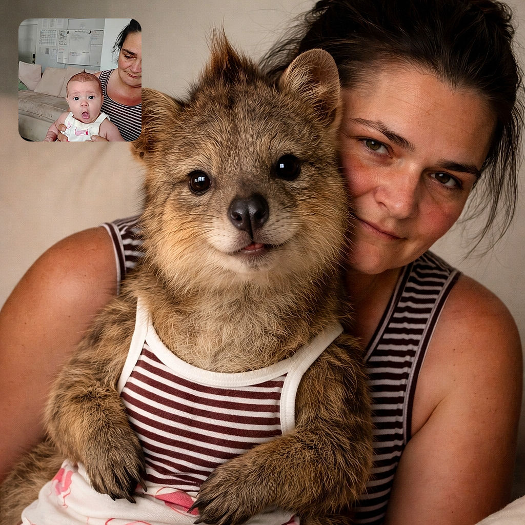 A surprised baby with wide eyes and an open mouth is being held securely by a woman in a striped tank top, sitting on a beige couch with a whiteboard and papers pinned on the wall behind them.