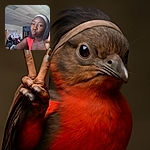 A playful selfie taken in a classroom where a young girl in a red top flashes a peace sign and puckers her lips, while another girl in the background makes a funny face and peace sign near a wall. The room is busy with other students working or sitting at desks.