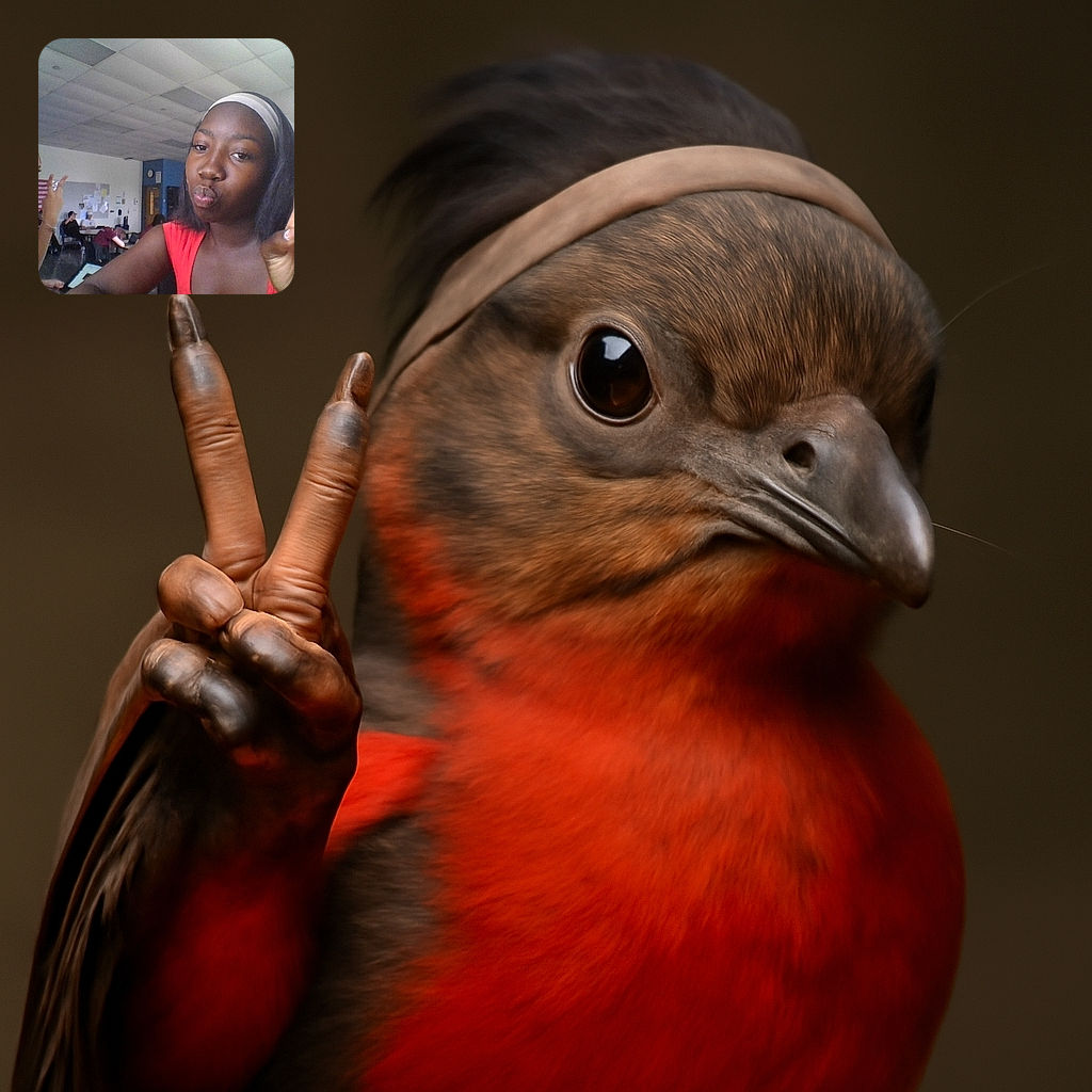 A playful selfie taken in a classroom where a young girl in a red top flashes a peace sign and puckers her lips, while another girl in the background makes a funny face and peace sign near a wall. The room is busy with other students working or sitting at desks.