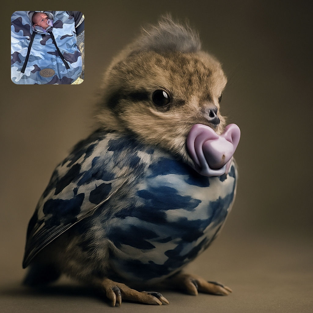 A tiny baby snugly wrapped in a cozy camouflage cover, peeking out with curious eyes while nestled in a stroller. The sun casts playful shadows on the cover, and the ground beneath is speckled with small stones and dirt.