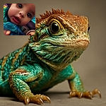 A close-up of a curious baby with big expressive eyes and an open mouth, wrapped in a swirl of vibrant blue and green fabric, as if reaching out to the camera with wonder.