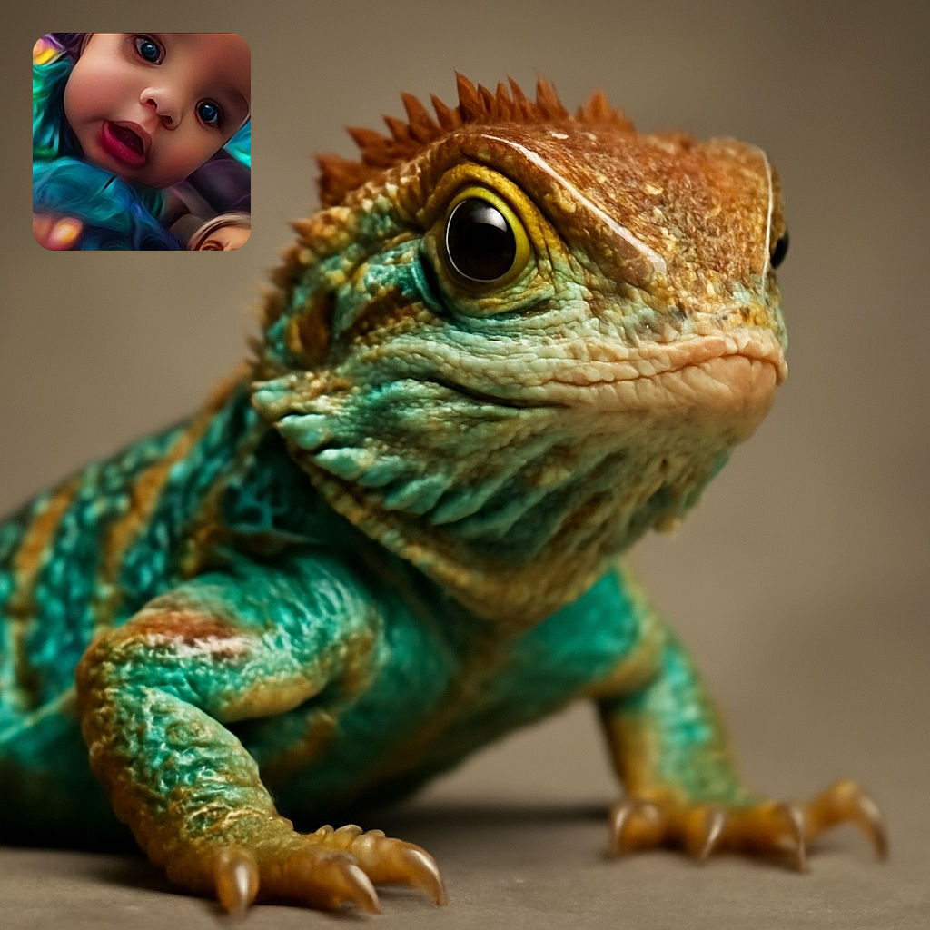 A close-up of a curious baby with big expressive eyes and an open mouth, wrapped in a swirl of vibrant blue and green fabric, as if reaching out to the camera with wonder.