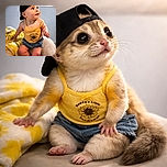 A chubby-cheeked baby wearing a black backwards cap and a bright yellow tank top with a sunflower design looks upwards with wide, curious eyes while sitting on a cozy chair with a yellow floral blanket draped nearby.