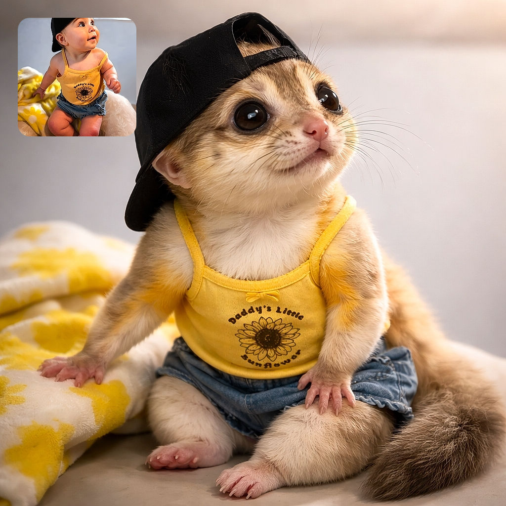 A chubby-cheeked baby wearing a black backwards cap and a bright yellow tank top with a sunflower design looks upwards with wide, curious eyes while sitting on a cozy chair with a yellow floral blanket draped nearby.